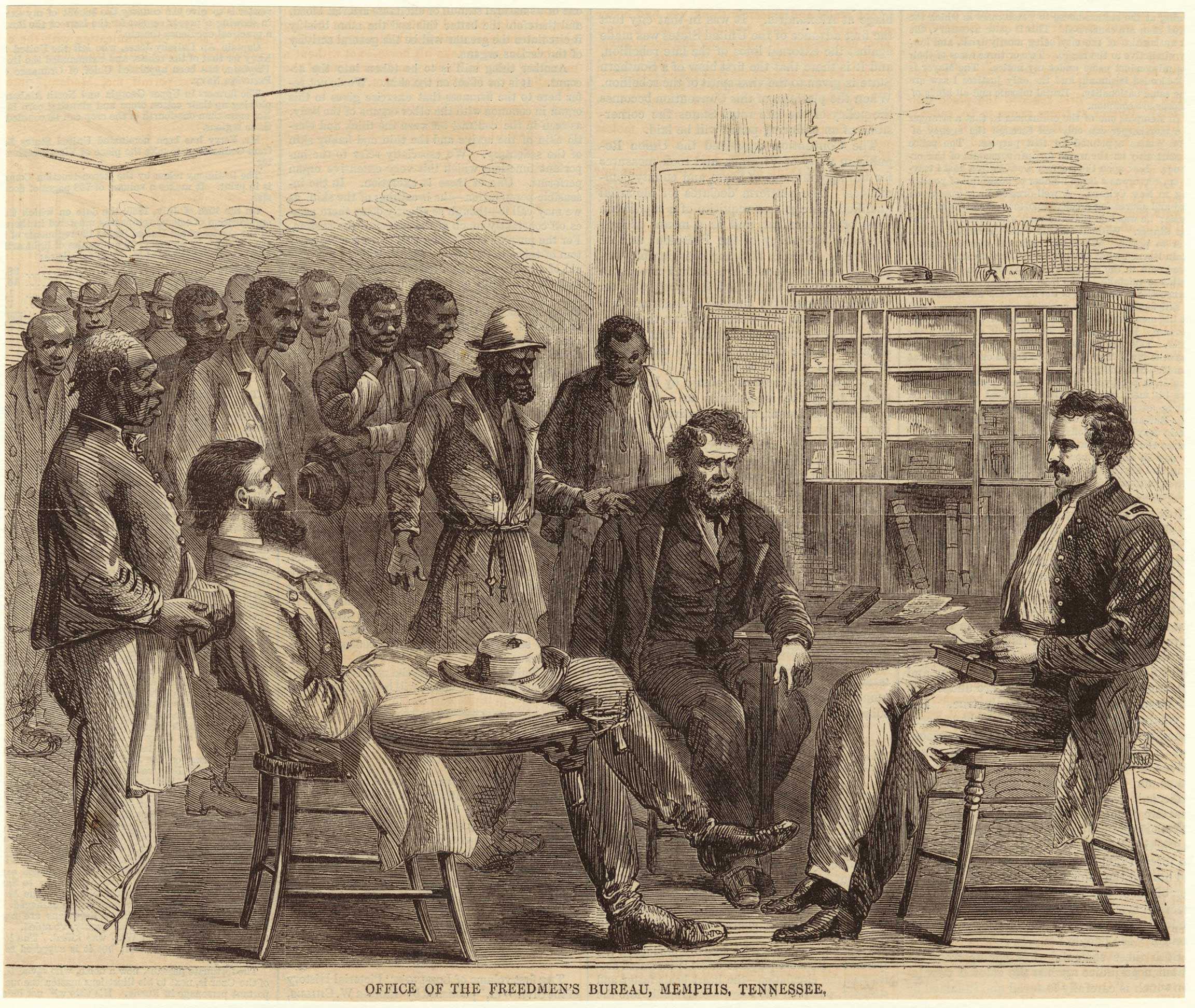 A drawing of three white men sit together in the Freeman Bureau while black men look onwards.