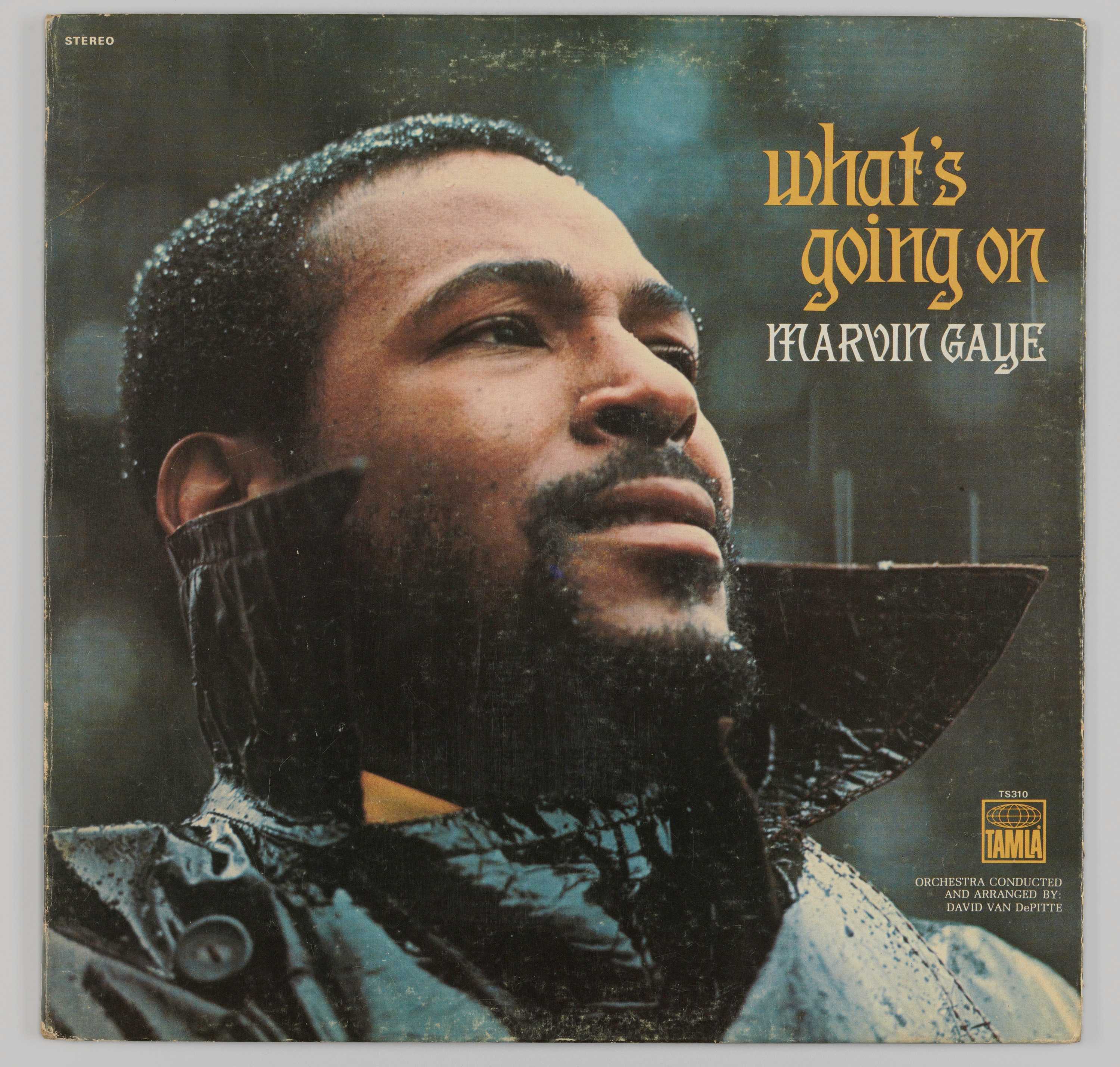 Image of the album jacket for Marvin Gaye's record "What's Going On," featuring a photograph of Marvin Gaye.