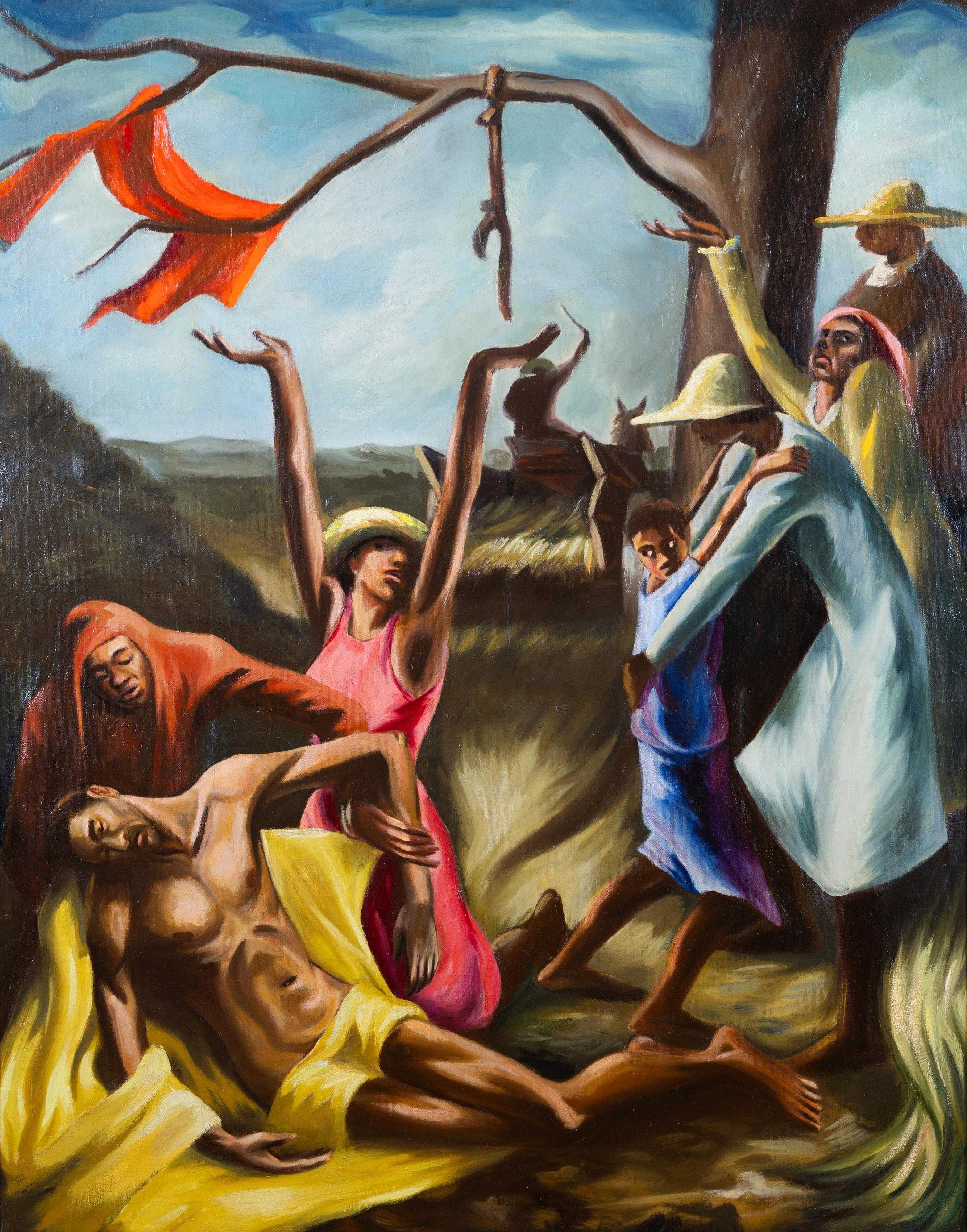 Oil painting showing the crucifixion of Jesus Christ.