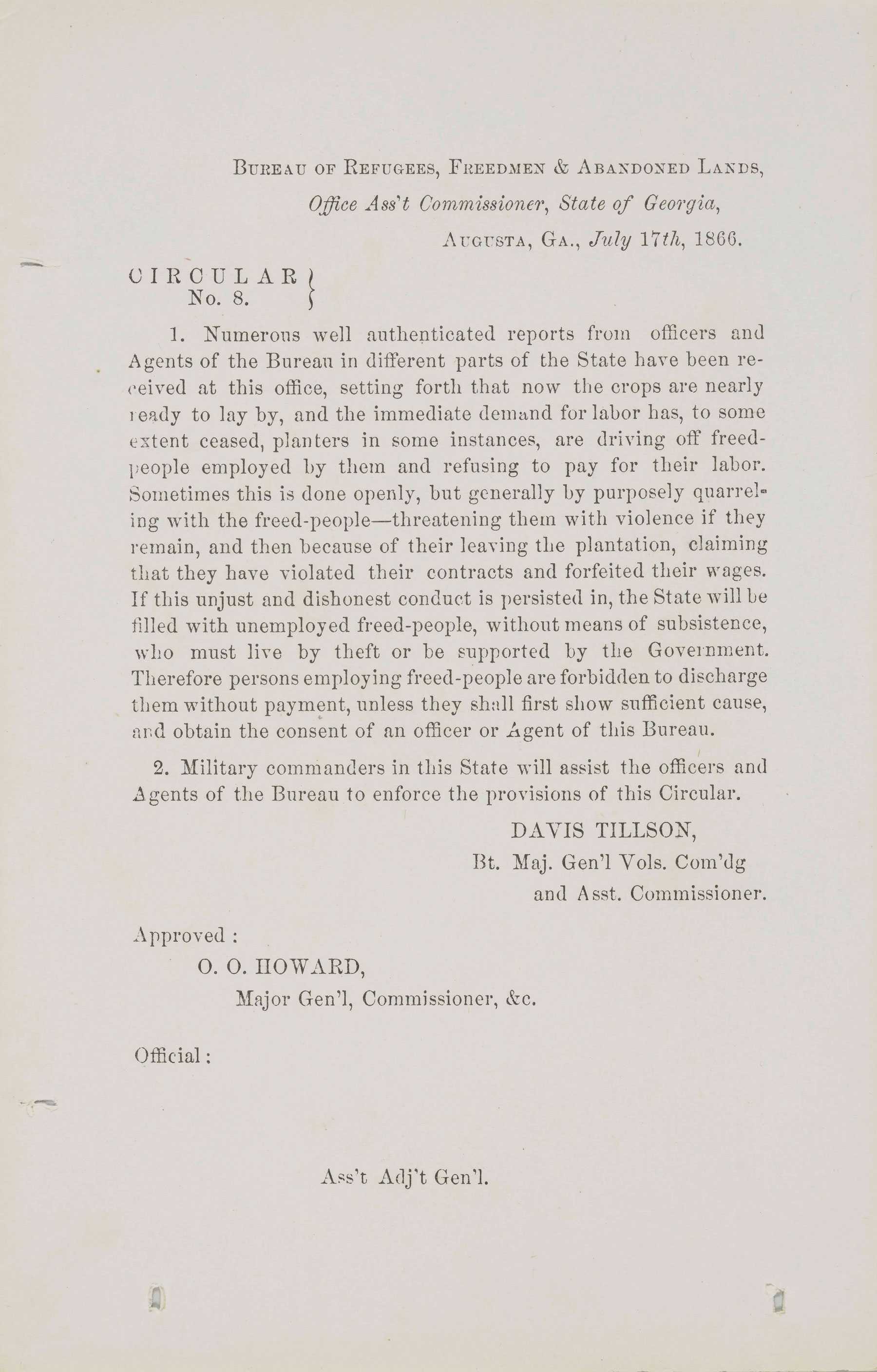 Circular No. 8 from the Bureau of Refugees, Freedmen & Abandoned Lands, Georgia, July 17, 1866, addressing labor disputes with freed people.