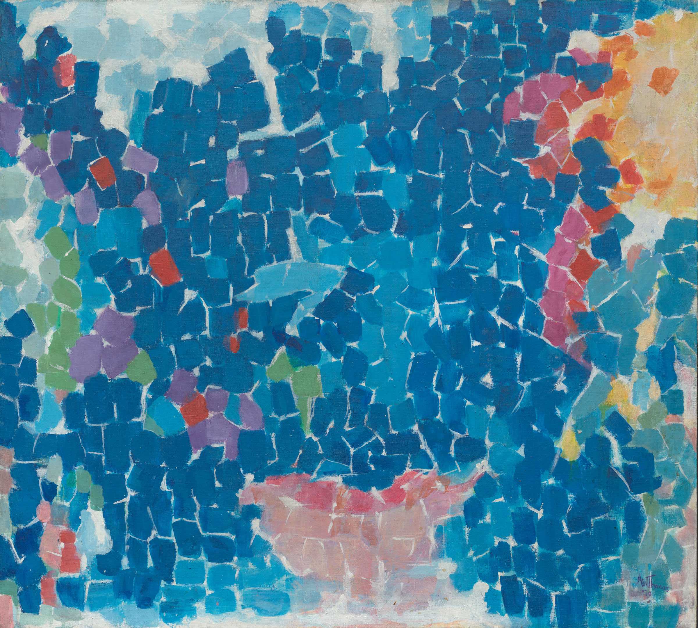 Abstract painting with mosaic-like blue, purple, green, red, and orange shapes creating a vibrant, patterned composition.