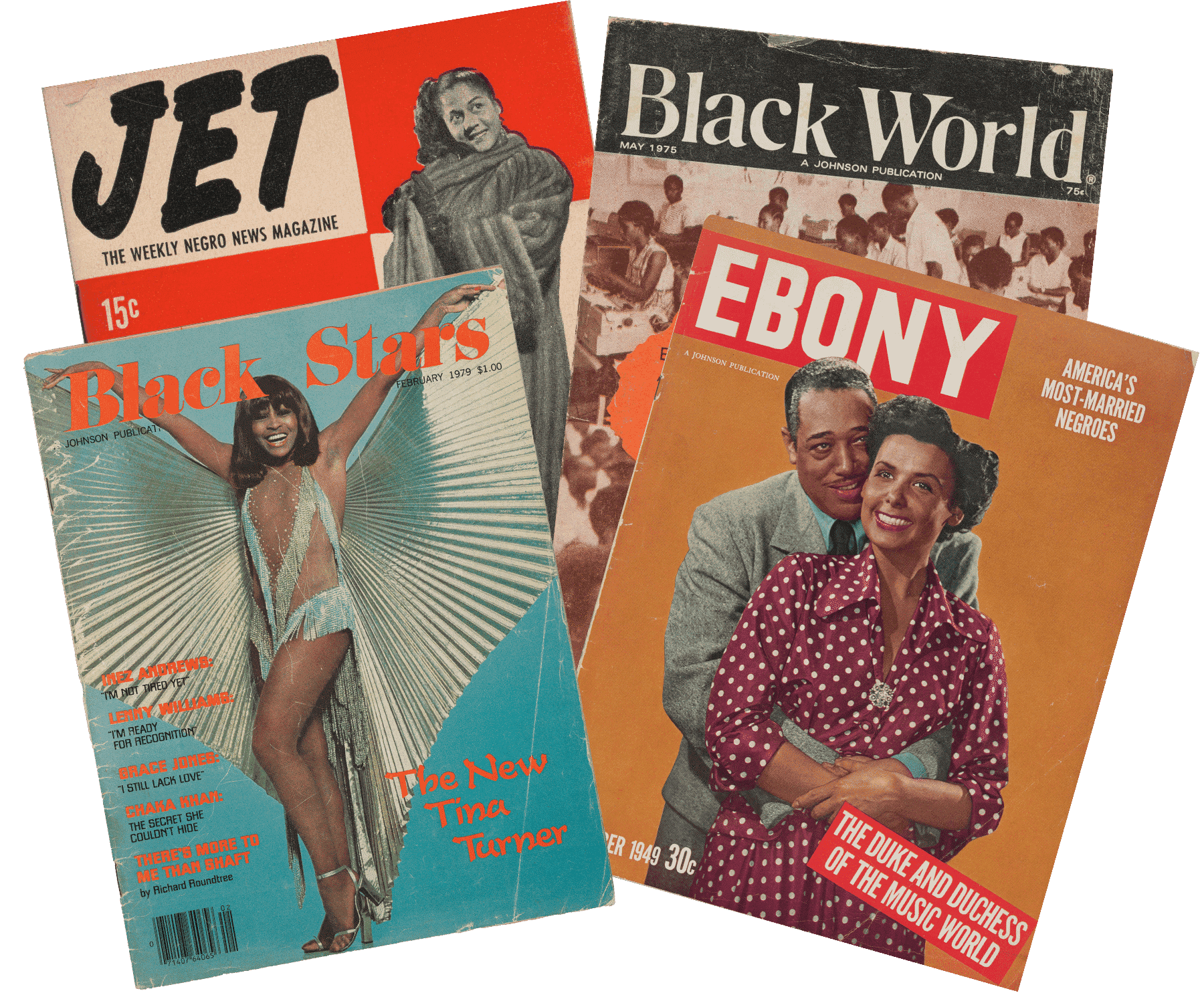 Collage of vintage magazine covers titled Jet, Ebony, Black World, and Black Stars, featuring photographed people.