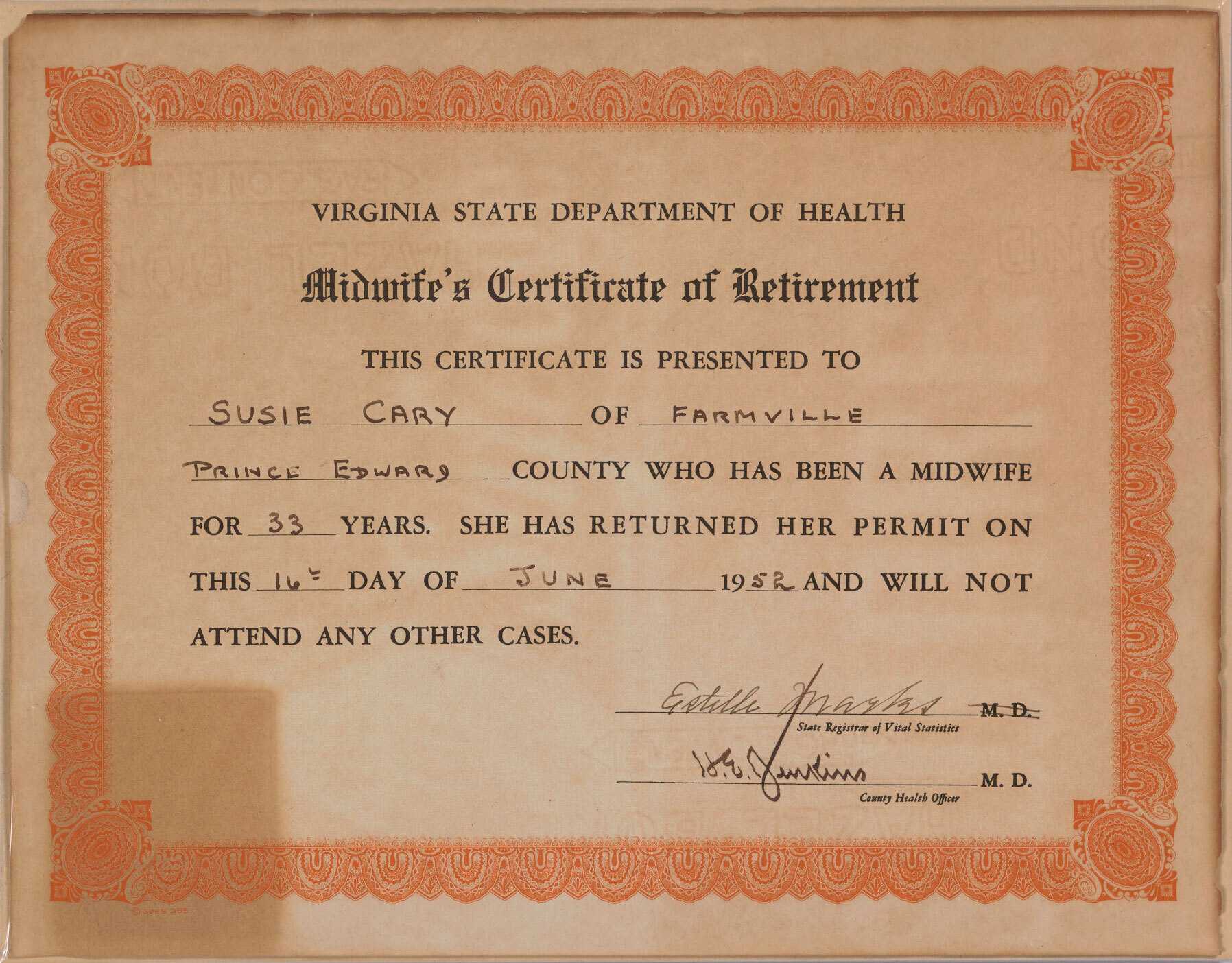 A paper "Midwife's Certificate of Retirement" issued by the Virginia State Department of Health to Susie Carey.