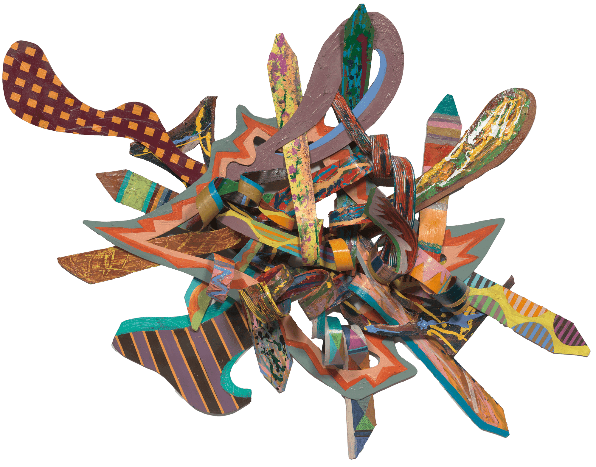Colorful abstract sculpture with various shapes, textures, and patterns intertwined.