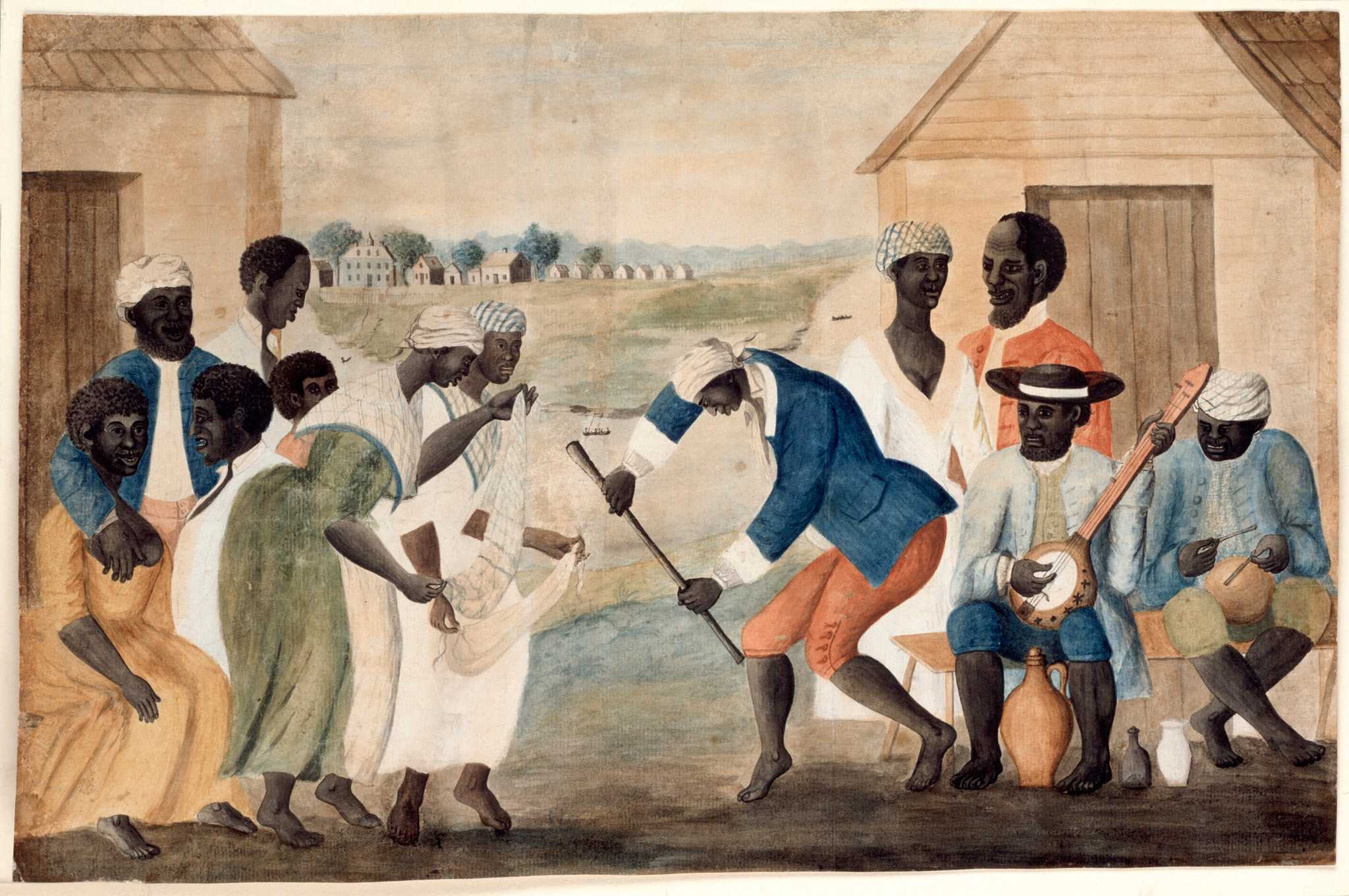 Color print showing enslaved individuals next to cabins