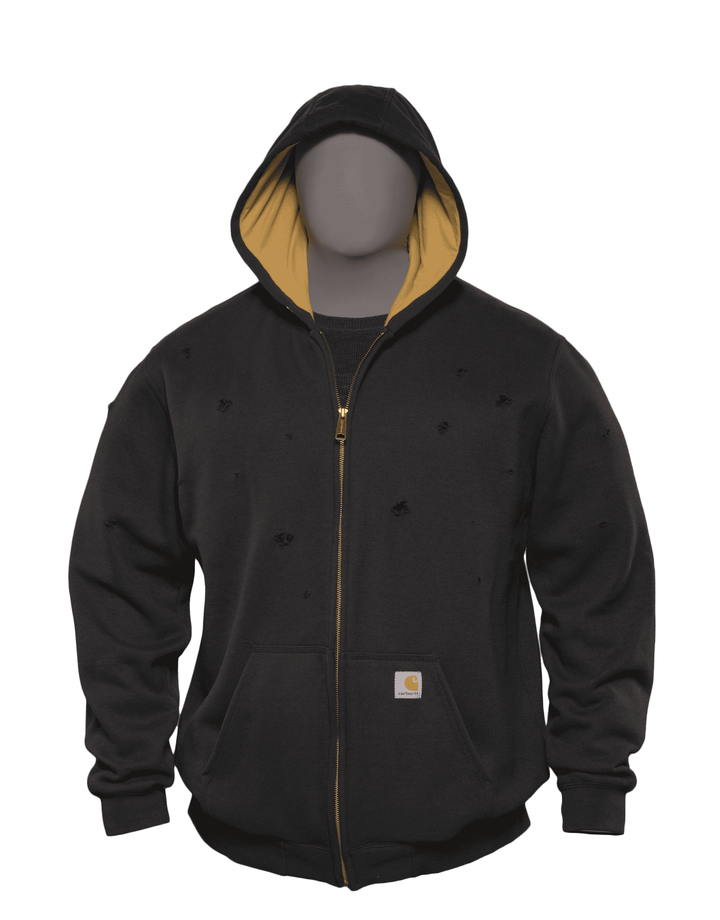 A black zip up hoodie with a yellow inner line worn by Luke Cage in the "Crispus Attucks" scene