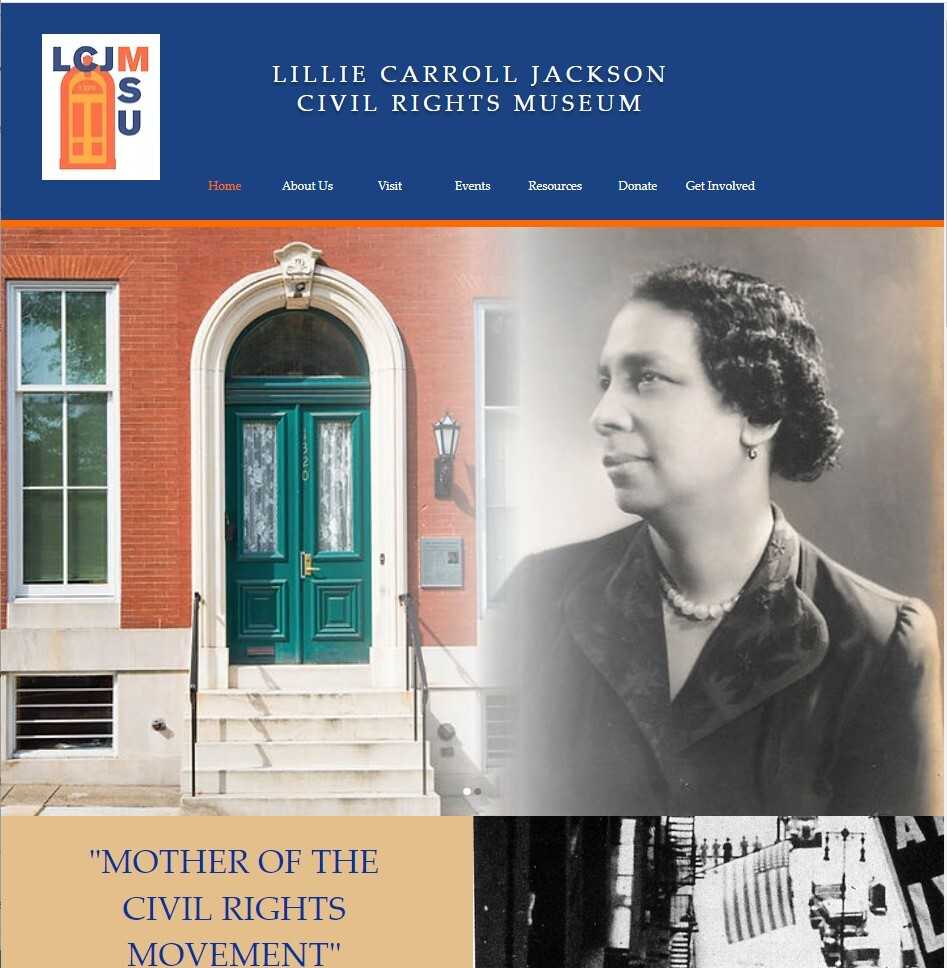 Screenshot of webpage for Lillie Carroll Jackson Museum with an image of the museum front and Dr. Lillie Carroll Jackson.