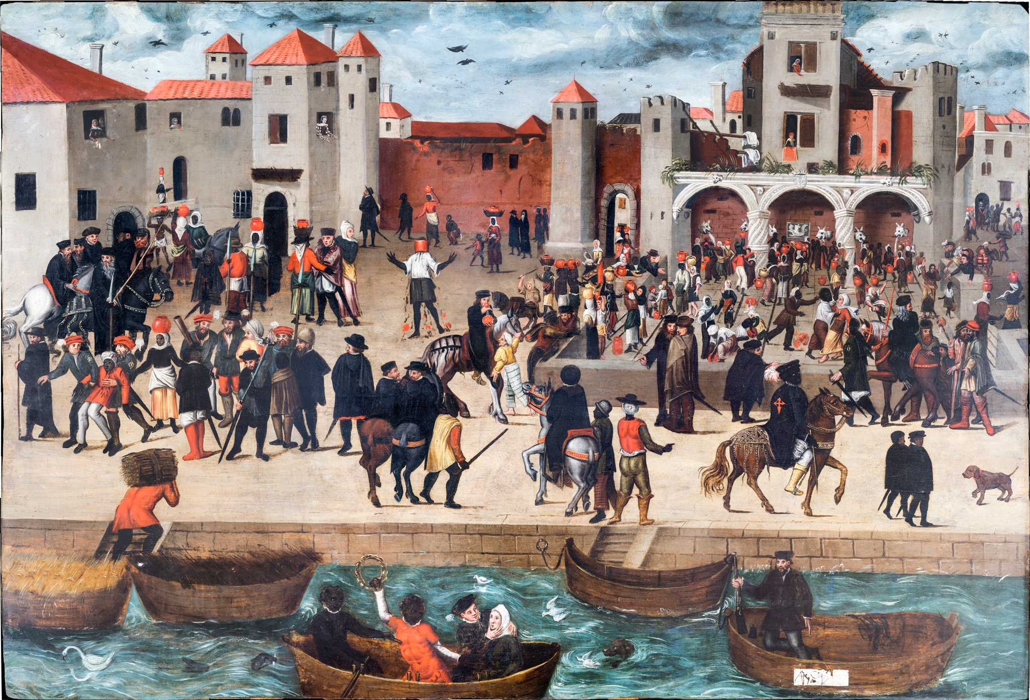 A painting of a busy Portuguese port with merchants and townspeople exchanging and walking around.
