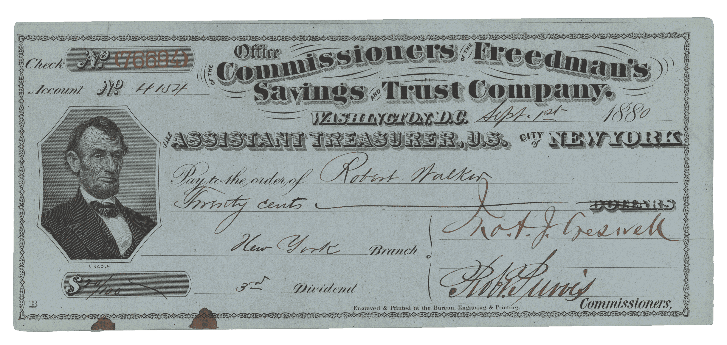 A blue dividend check by Robert Walker. Dated Sept 1st, 1880 for 20 cents.