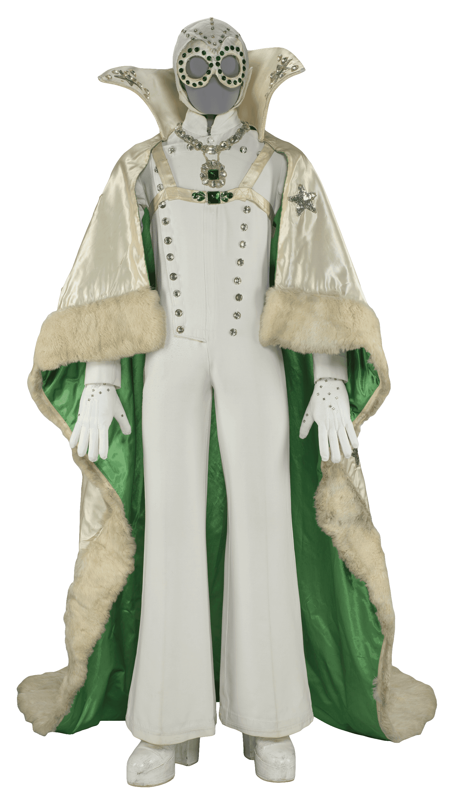 The white coat and jumpsuit with oversized collar. The lining of the jacket is green.