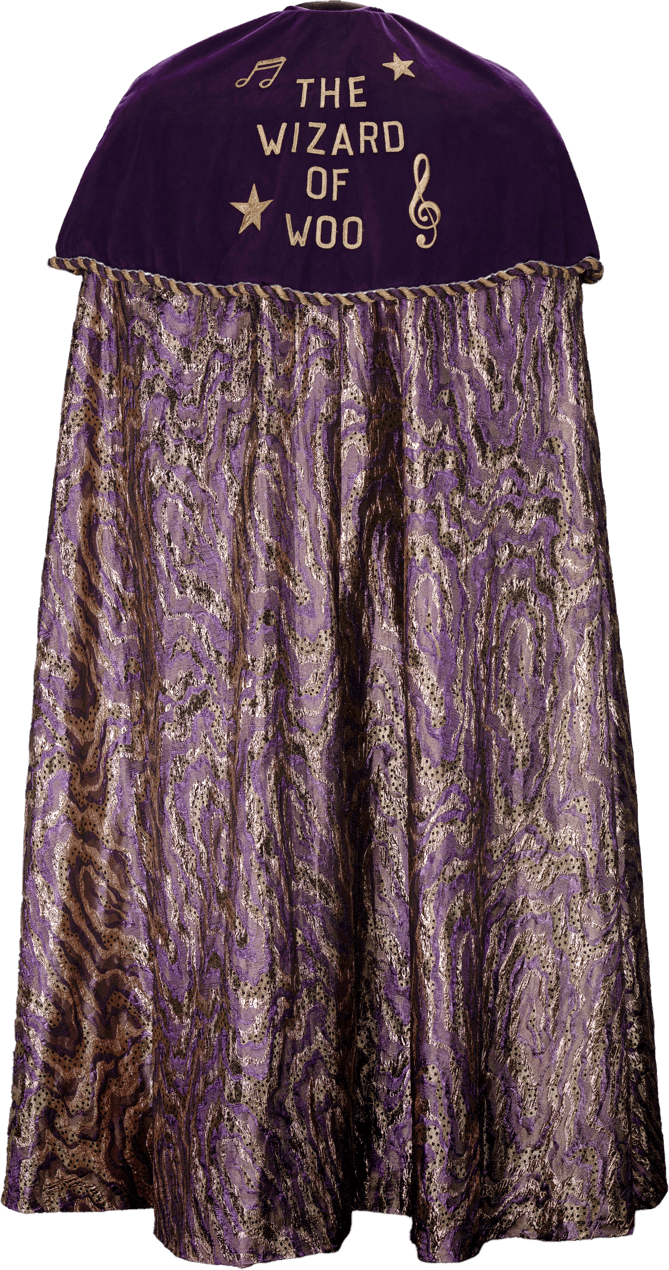 Bernie Worrell's purple cape adorned with 'The Wizard of Woo' on the top half and a purple pattern below.