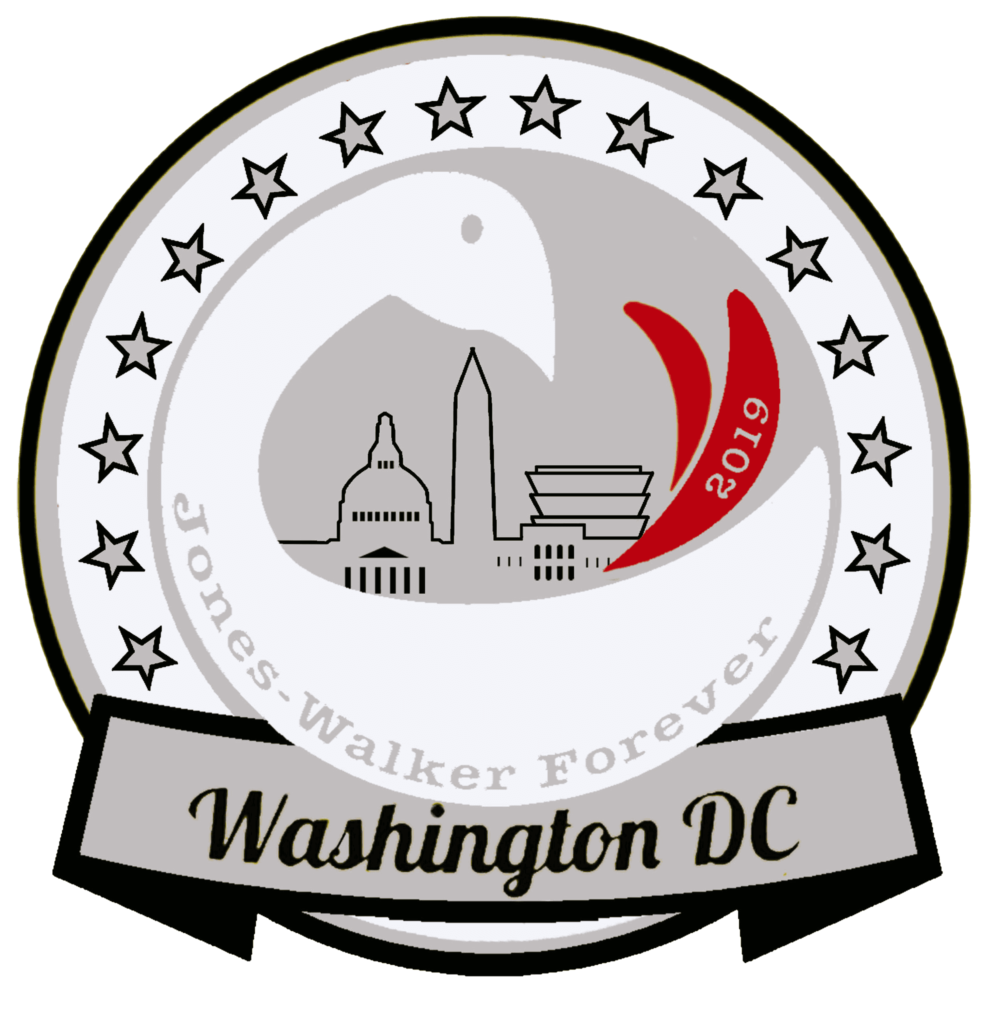 A circle logo of the Jones-Walker Family Reunion with an outline of a swan and white stars.